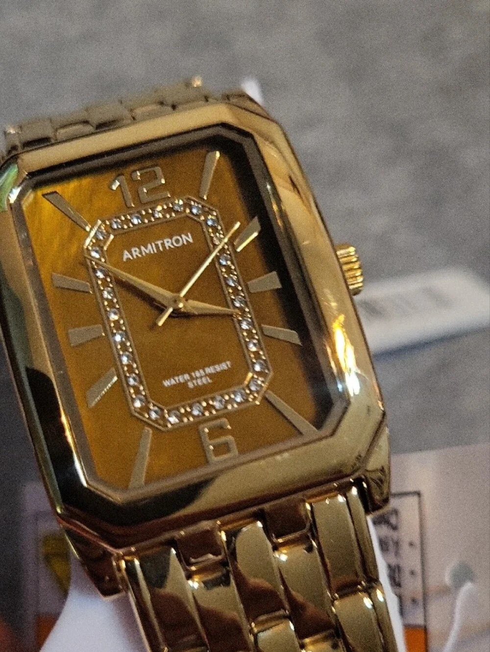Armitron Gold Tone Rectangular Crystal Accent Bracelet Watch